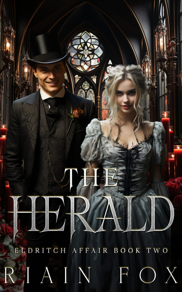 Herald Ebook Cover featuring a man in a top hat and a bride in a dark gothic wedding dress. Both look a little...off
